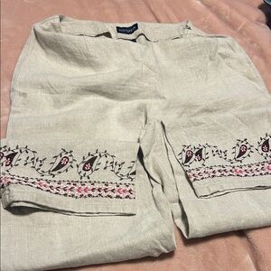 Ann Taylor Linen Pants in Cream with Pink Embroidery